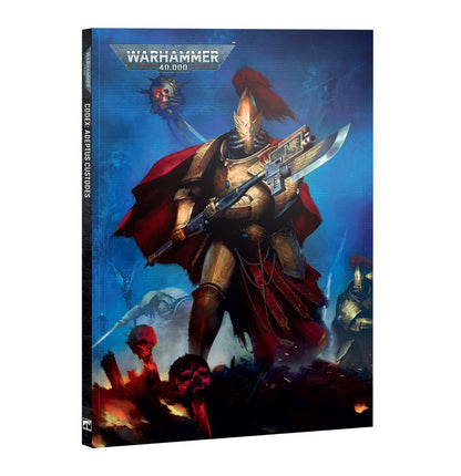 Codex Adeptus Custodes de Warhammer 40.000, con guerrero de armadura dorada y capa roja sobre cubierta azul, vista frontal y lomo.