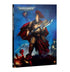 Codex Adeptus Custodes de Warhammer 40.000, con guerrero de armadura dorada y capa roja sobre cubierta azul, vista frontal y lomo.