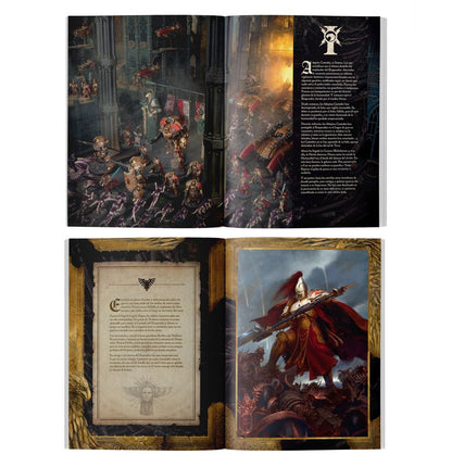 Páginas interiores del Codex Adeptus Custodes de Warhammer 40.000, con fotografías de miniaturas, ilustraciones y texto en español.
