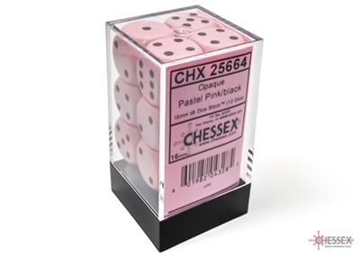 CHESSEX: OPAQUE - PASTEL PINK/BLACK 16MM - (12 DICE)