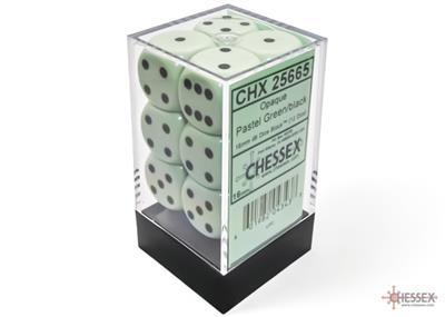 CHESSEX: OPAQUE - PASTEL GREEN/BLACK 16MM - (12 DICE)