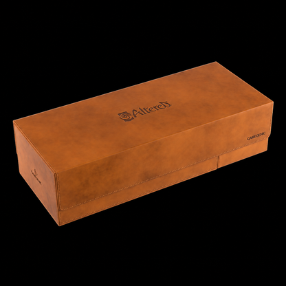 Caja Altered Card’s Lair Pro de Gamegenic de color marrón coñac, cerrada en perspectiva con el logotipo en la tapa.