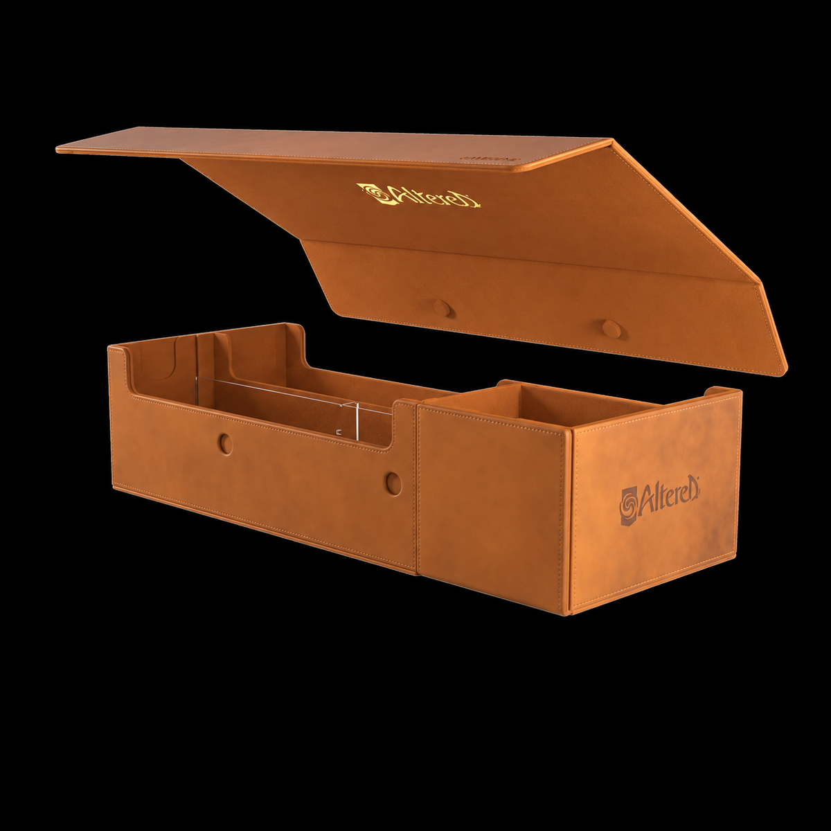 Caja Altered Card’s Lair Pro de Gamegenic marrón, con la tapa desmontada y los compartimentos a la vista.
