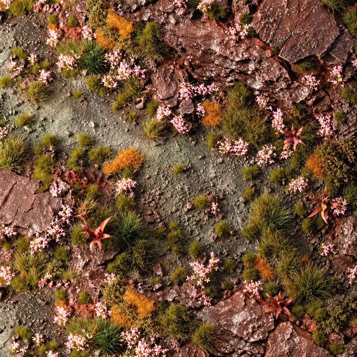 Flores rosas Pink Orchid de Gamer’s Grass en un diorama con rocas rojizas y vegetación verde y anaranjada.