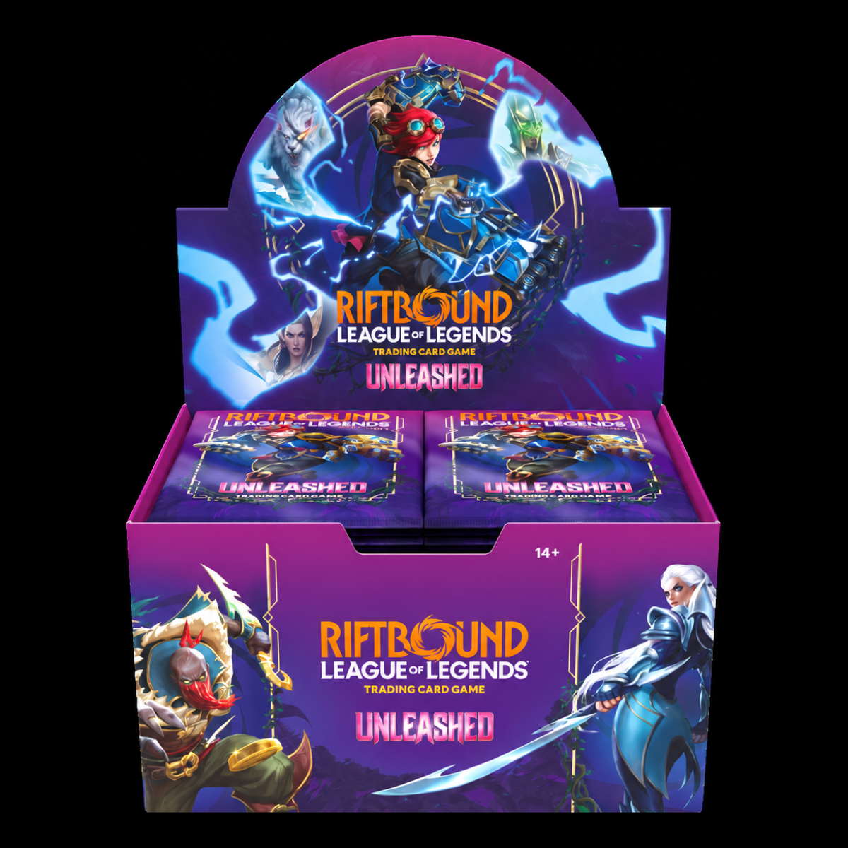 Caja expositora abierta de sobres Unleashed de Riftbound: League of Legends, envase morado en vista frontal y superior.