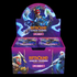 Caja expositora abierta de sobres Unleashed de Riftbound: League of Legends, envase morado en vista frontal y superior.