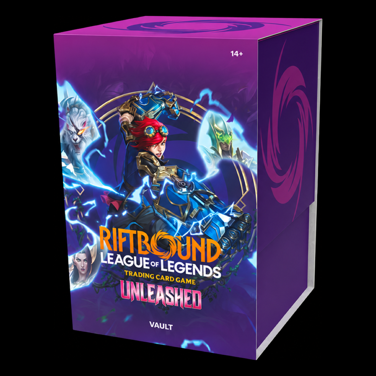 Caja Unleashed Vault de Riftbound: League of Legends, envase morado con ilustraciones de personajes, vista frontal y lateral.