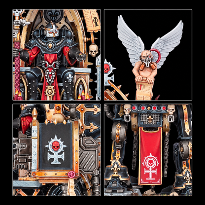 Primeros planos del casco, ornamentos, libro y estandarte de Intranzia Fraye.