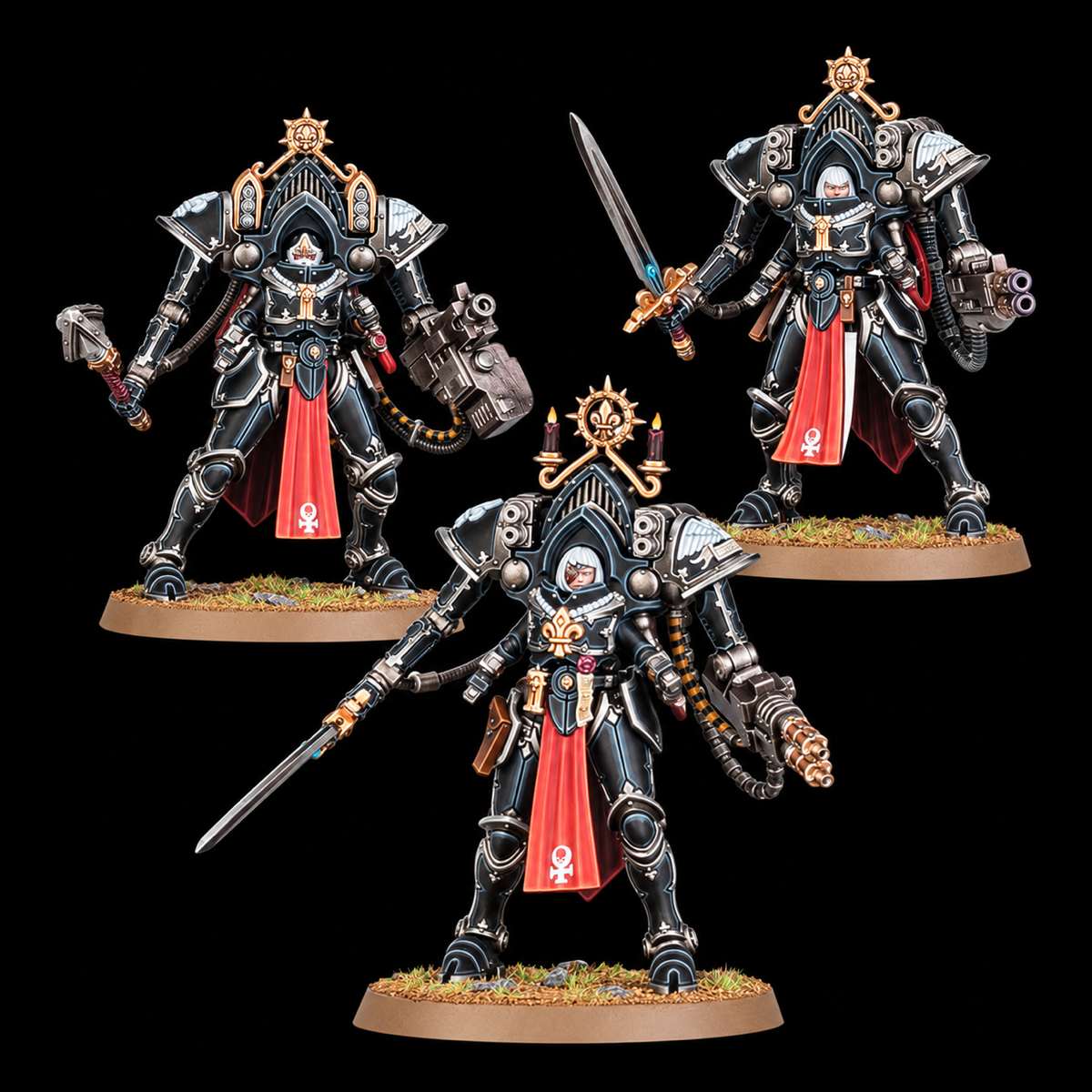 Tres Exoesqueletos Ejemplares del Batallón de Adepta Sororitas.