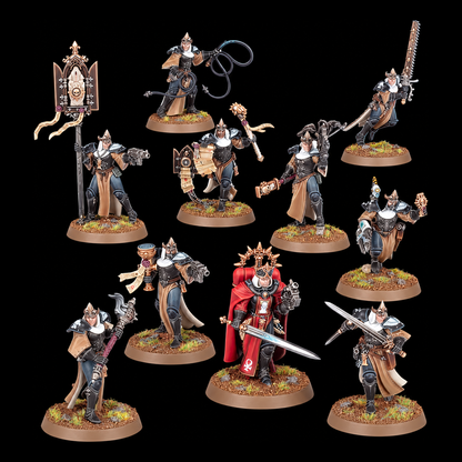 Miniaturas de Adepta Sororitas del Batallón de Armageddon, vistas en conjunto.