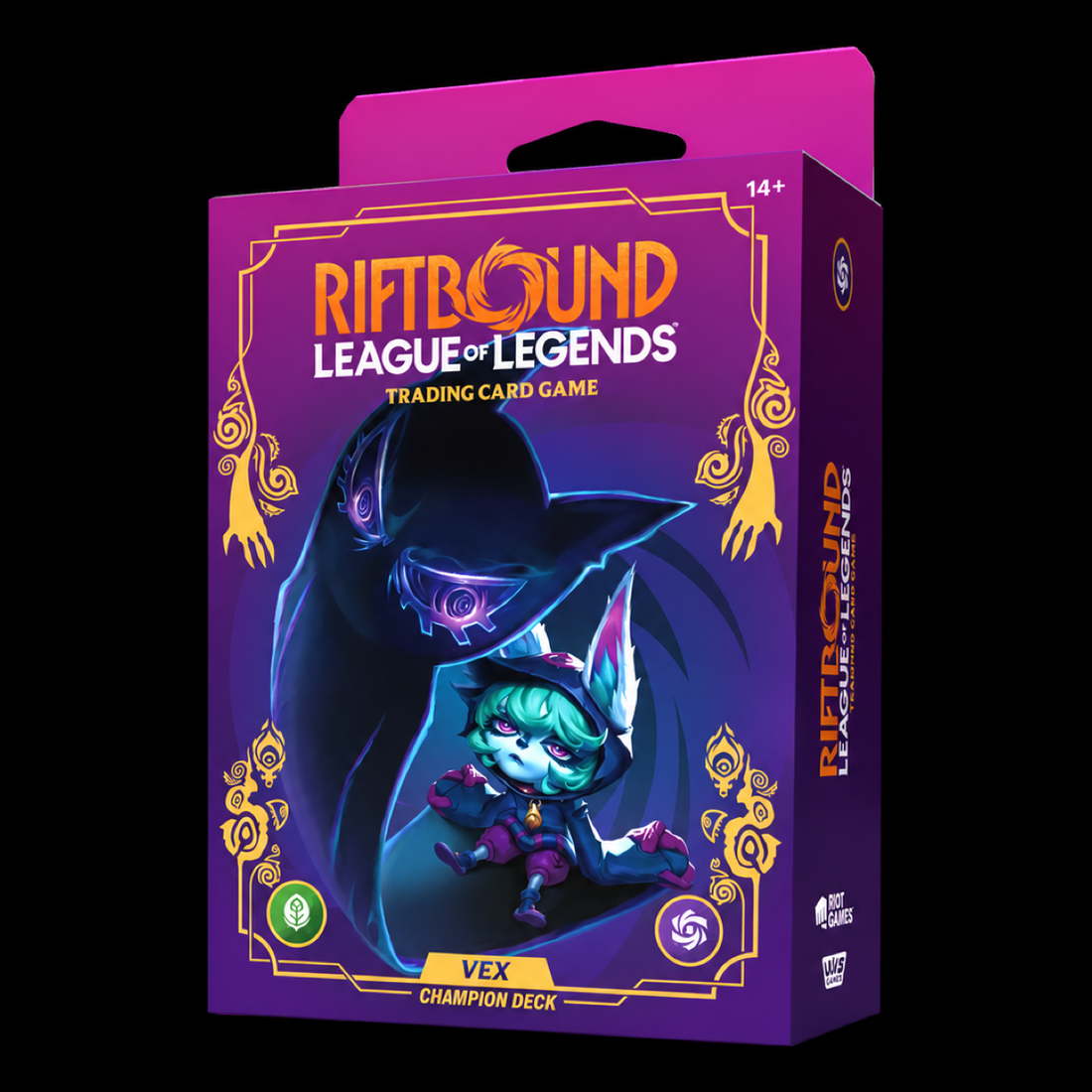 Caja Vex Champion Deck de Riftbound: League of Legends, envase morado con Vex y su sombra, vista frontal y lateral.
