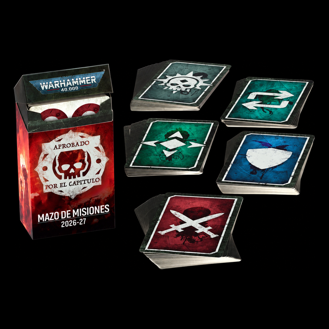 Mazo de misiones Aprobado por el Capítulo 2026-27 de Warhammer 40000 en español, con caja y cinco grupos de cartas.