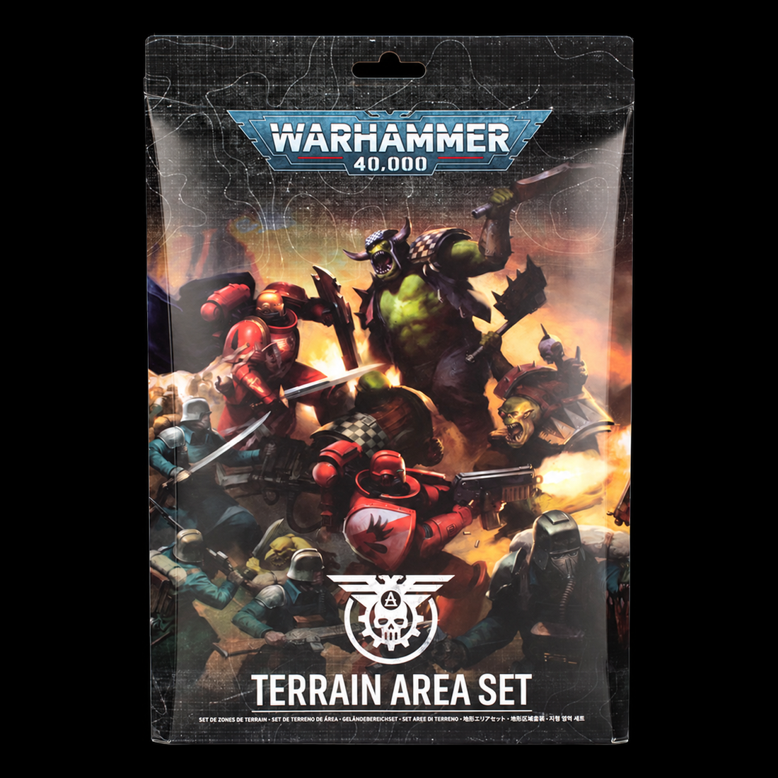 Envase del Set de área de terreno Terrain Area Set de Warhammer 40000, vista frontal.