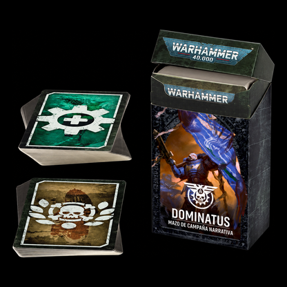Mazo de campaña narrativa Dominatus de Warhammer 40000 en español, con caja abierta y dos grupos de cartas.