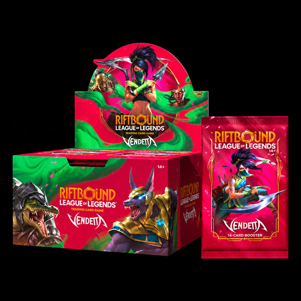 Caja expositora y sobre Vendetta de Riftbound: League of Legends, con envases rojos y verdes sobre fondo negro.