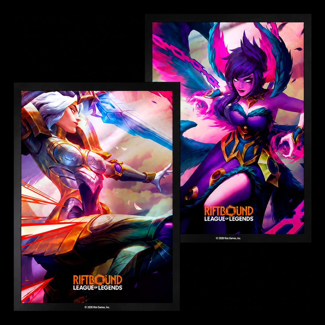 Fundas Riftbound Vendetta Kayle vs Morgana, con las dos ilustraciones en disposición escalonada sobre fondo negro.