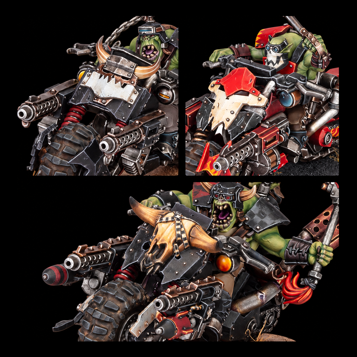 Tres primeros planos de las motos y pilotos Orks Warbikers, con armas, blindaje y decoración de cráneo.