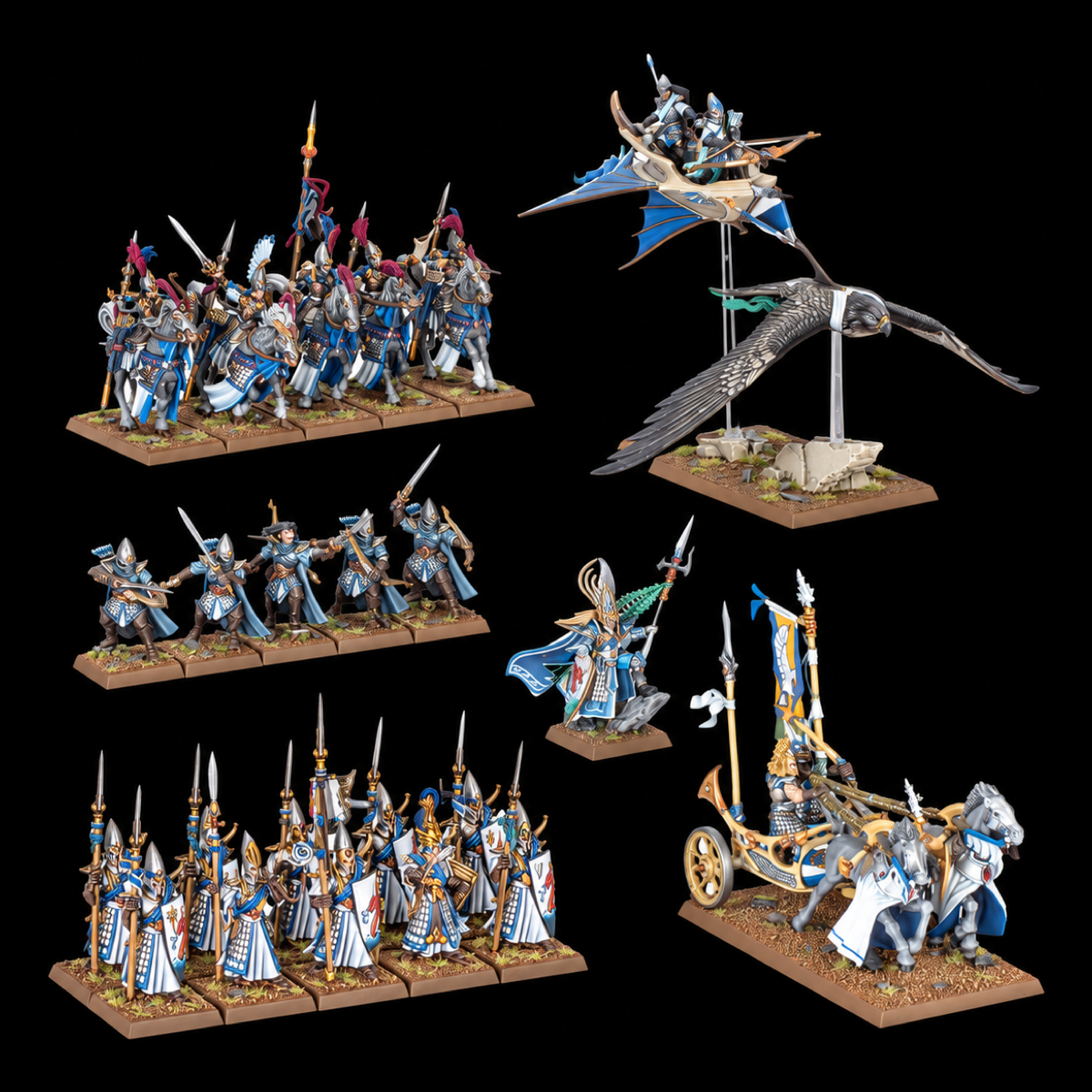 Conjunto de miniaturas High Elf Realms Battle March Army, con infantería, caballería, carro y águila con tripulación.