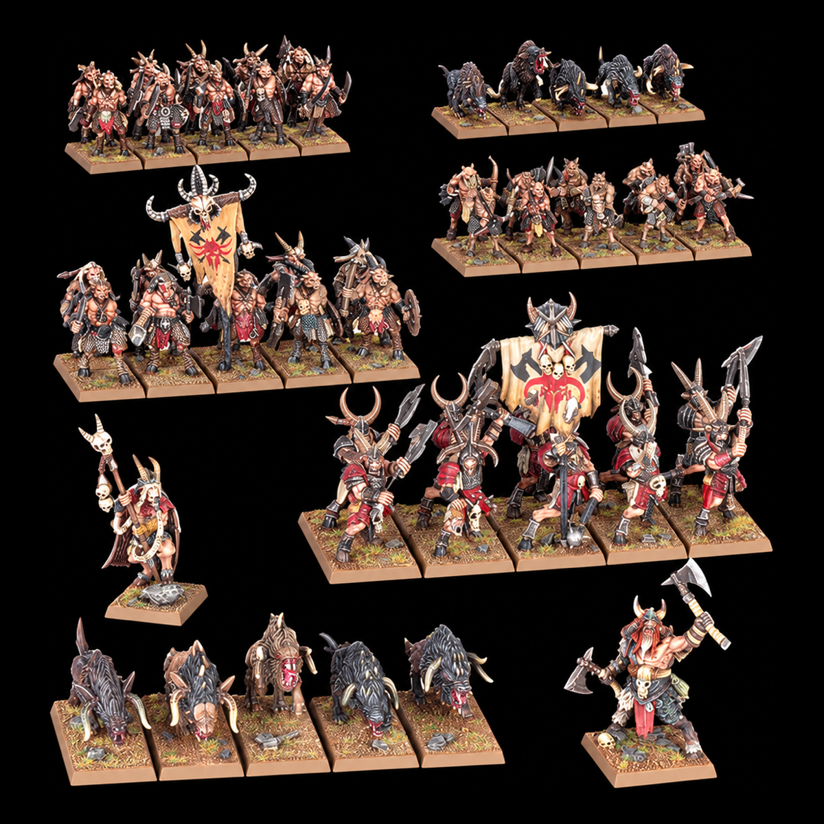 Conjunto de miniaturas Beastmen Brayherds Battle March Army, con regimientos, personajes y mastines sobre peanas.