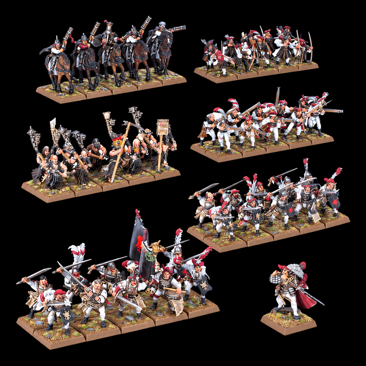 Conjunto de miniaturas Empire of Man Battle March Army, con regimientos de infantería, caballería y un oficial.