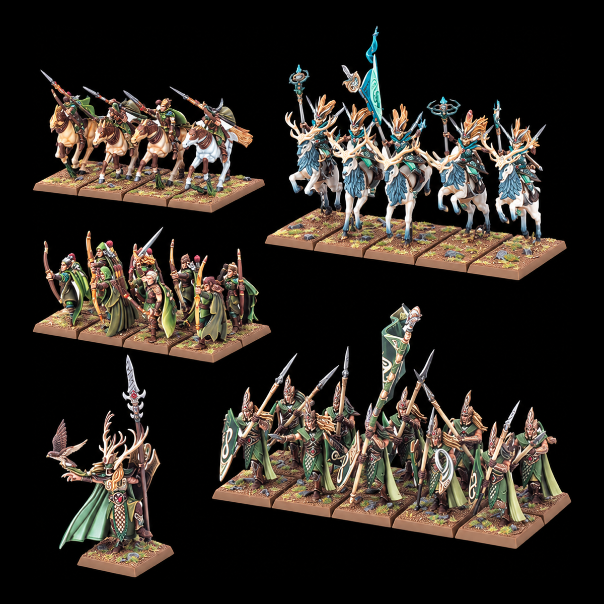 Conjunto de miniaturas Wood Elf Realms Battle March Army, con infantería, arqueros y caballería.