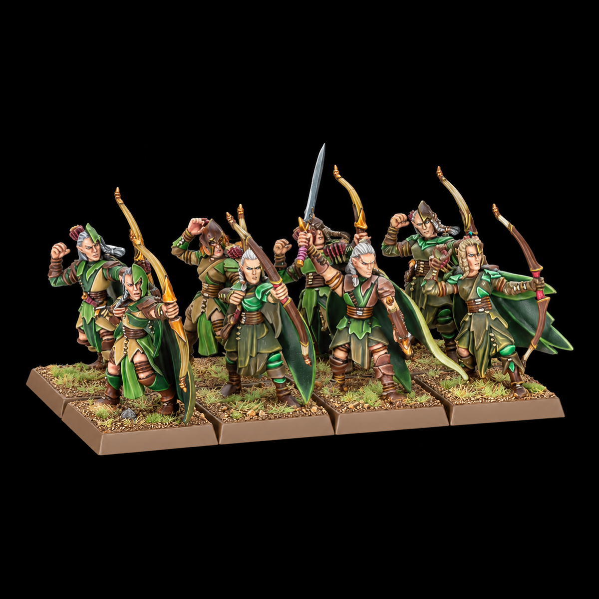 Grupo de arqueros elfos silvanos con capas verdes y arcos, sobre peanas cuadradas.