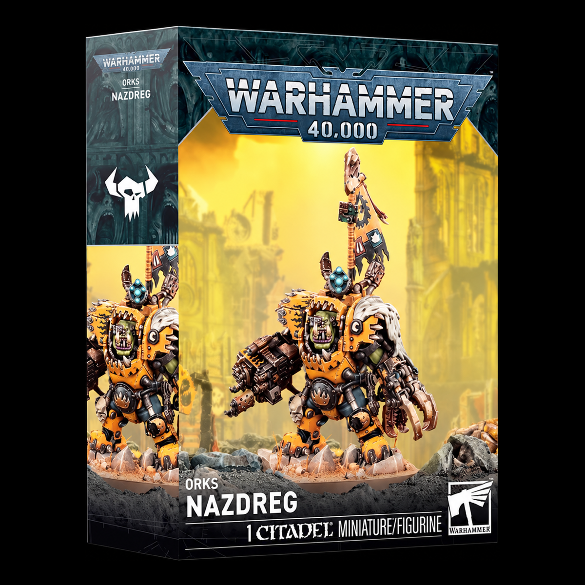 Caja Orks Nazdreg de Warhammer 40.000, con miniatura de armadura amarilla y fondo amarillo, vista en perspectiva.