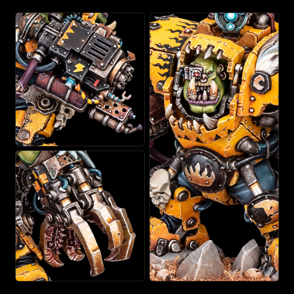 Primeros planos de Nazdreg de Warhammer, con detalles del arma, la garra mecánica y la armadura amarilla.