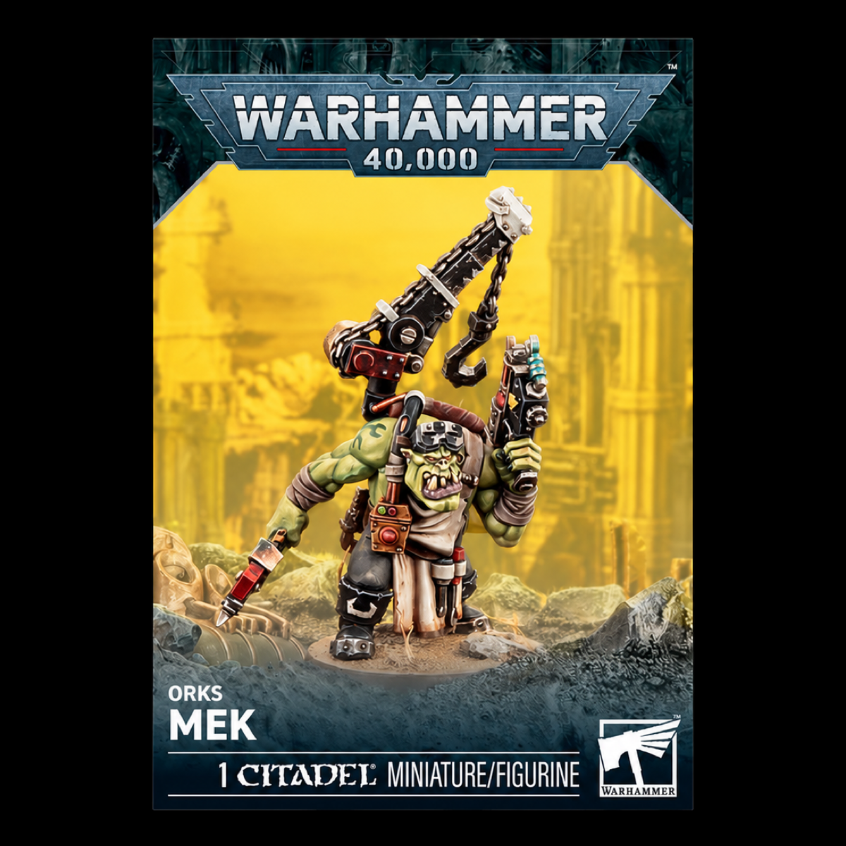 Embalaje Orks Mek de Warhammer 40.000, con miniatura verde y grúa sobre fondo amarillo.