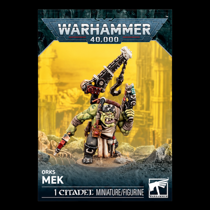 Embalaje Orks Mek de Warhammer 40.000, con miniatura verde y grúa sobre fondo amarillo.