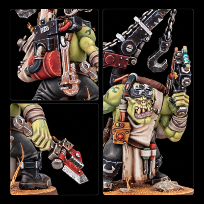 Detalles del Ork Mek de Warhammer, con mochila, herramientas, grúa y cabeza en tres primeros planos.