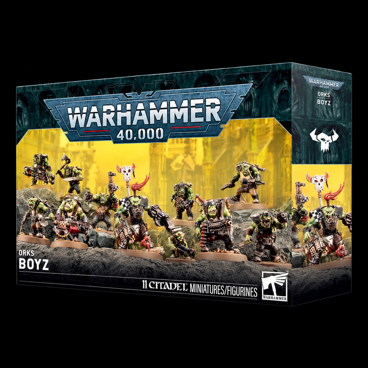 Caja Orks Boyz de Warhammer 40.000, con ilustración de orkos de piel verde y fondo amarillo, vista en perspectiva.