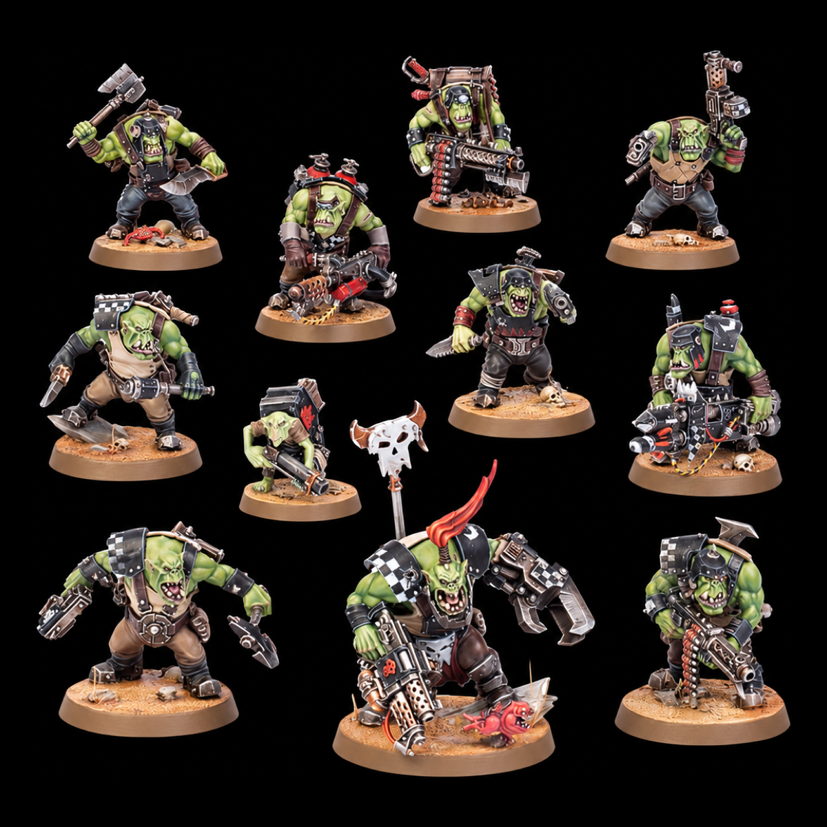 Conjunto de once miniaturas Orks Boyz de Warhammer, con armas variadas, un pequeño gretchin y peanas marrones.