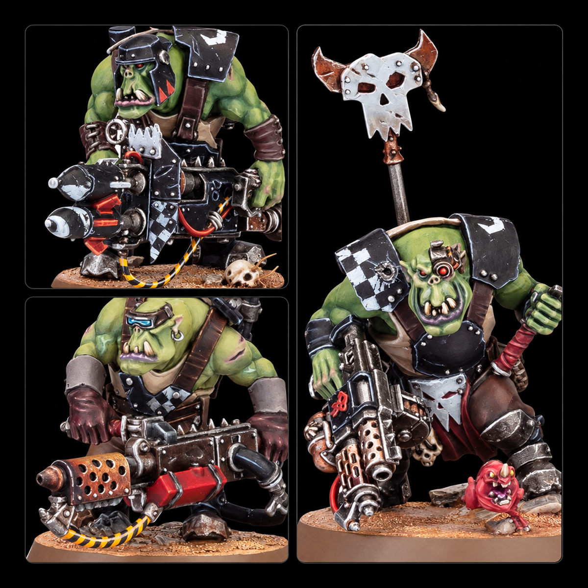 Detalles de las miniaturas Orks Boyz, con armamento, armadura negra y jefe con estandarte de calavera.