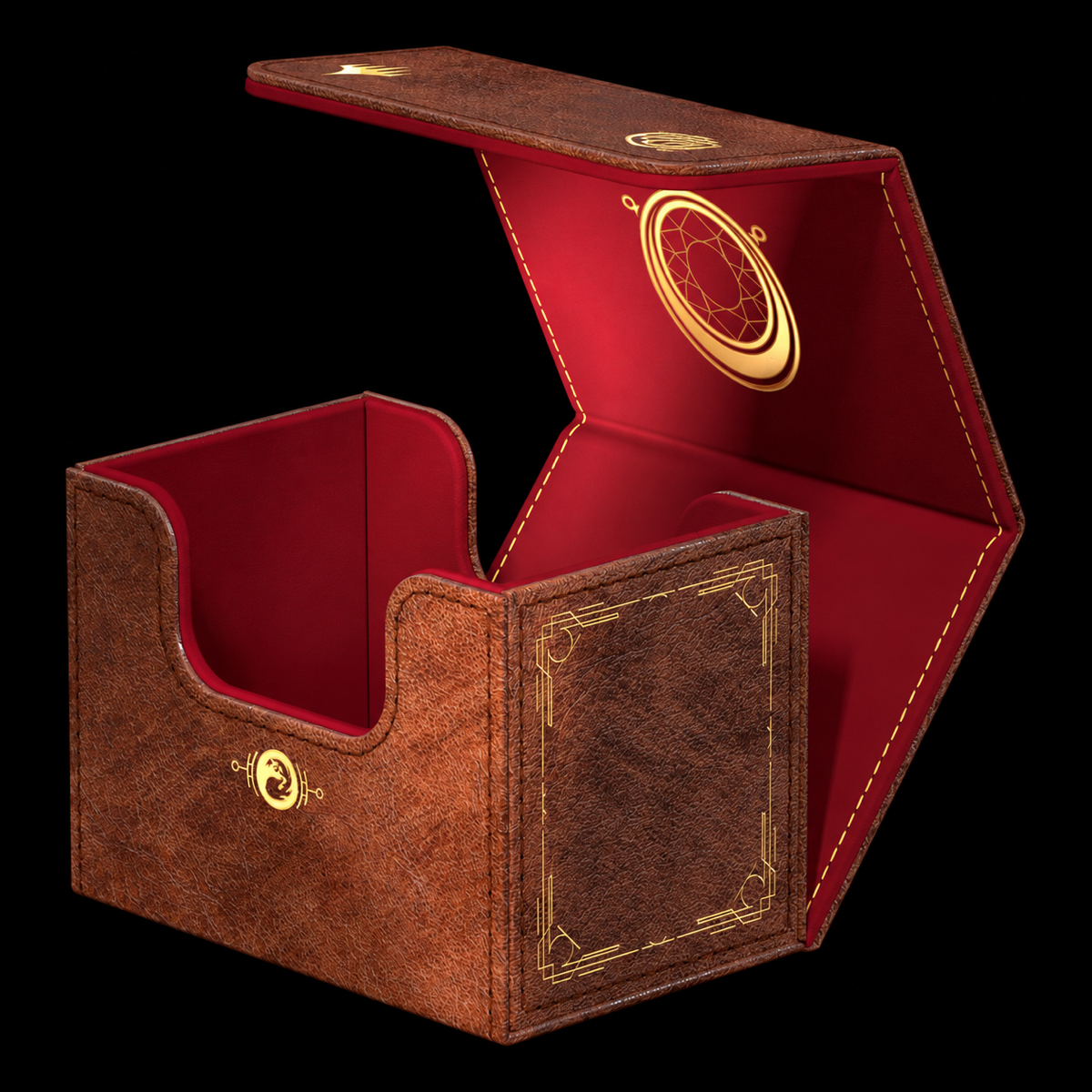 Caja Ultimate Guard Sidewinder 80+ Xenoskin Magic Mox Ruby abierta con tapa levantada e interior rojo.