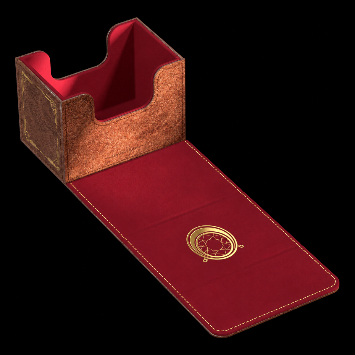 Caja Ultimate Guard Sidewinder 80+ Xenoskin Magic Mox Ruby completamente desplegada, con solapa interior roja y símbolo de rubí dorado.