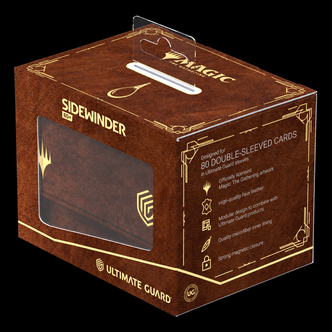Embalaje de Ultimate Guard Sidewinder 80+ Xenoskin Magic Mox Pearl, caja marrón con ventana y detalles dorados, vista en perspectiva.