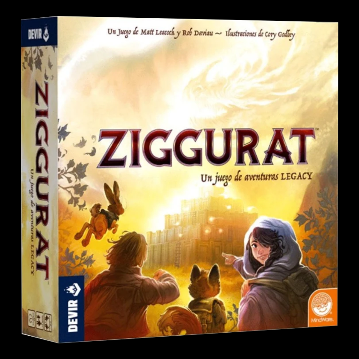 Juego de mesa Ziggurat, vista frontal y lateral de la caja sobre fondo negro