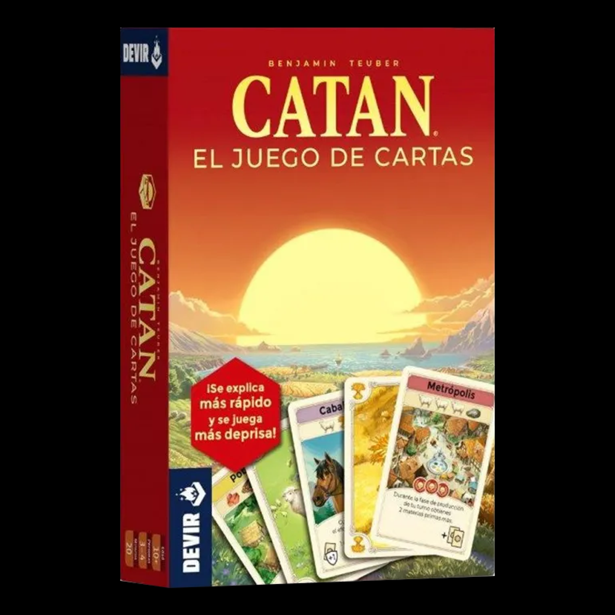 Catan El Juego de Cartas, vista frontal y lateral de la caja sobre fondo negro