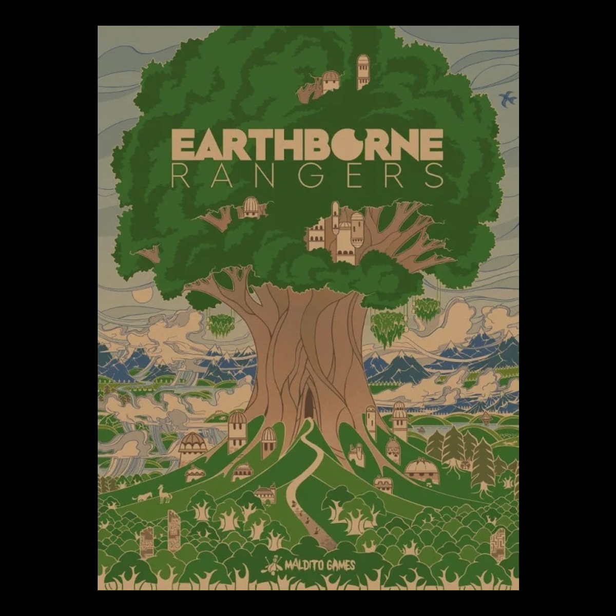 Earthborne Rangers, cubierta ilustrada del juego sobre fondo negro