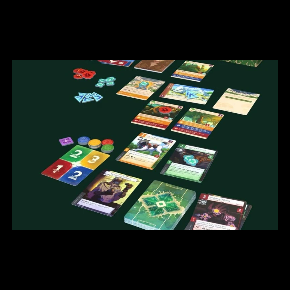 Earthborne Rangers, fotografía completa de cartas y fichas sobre una mesa verde, con margen negro