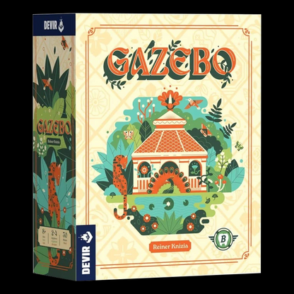 Juego de mesa Gazebo, vista frontal y lateral de la caja sobre fondo negro