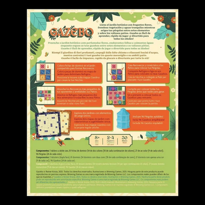 Juego de mesa Gazebo, parte posterior de la caja con información y componentes, sobre fondo negro