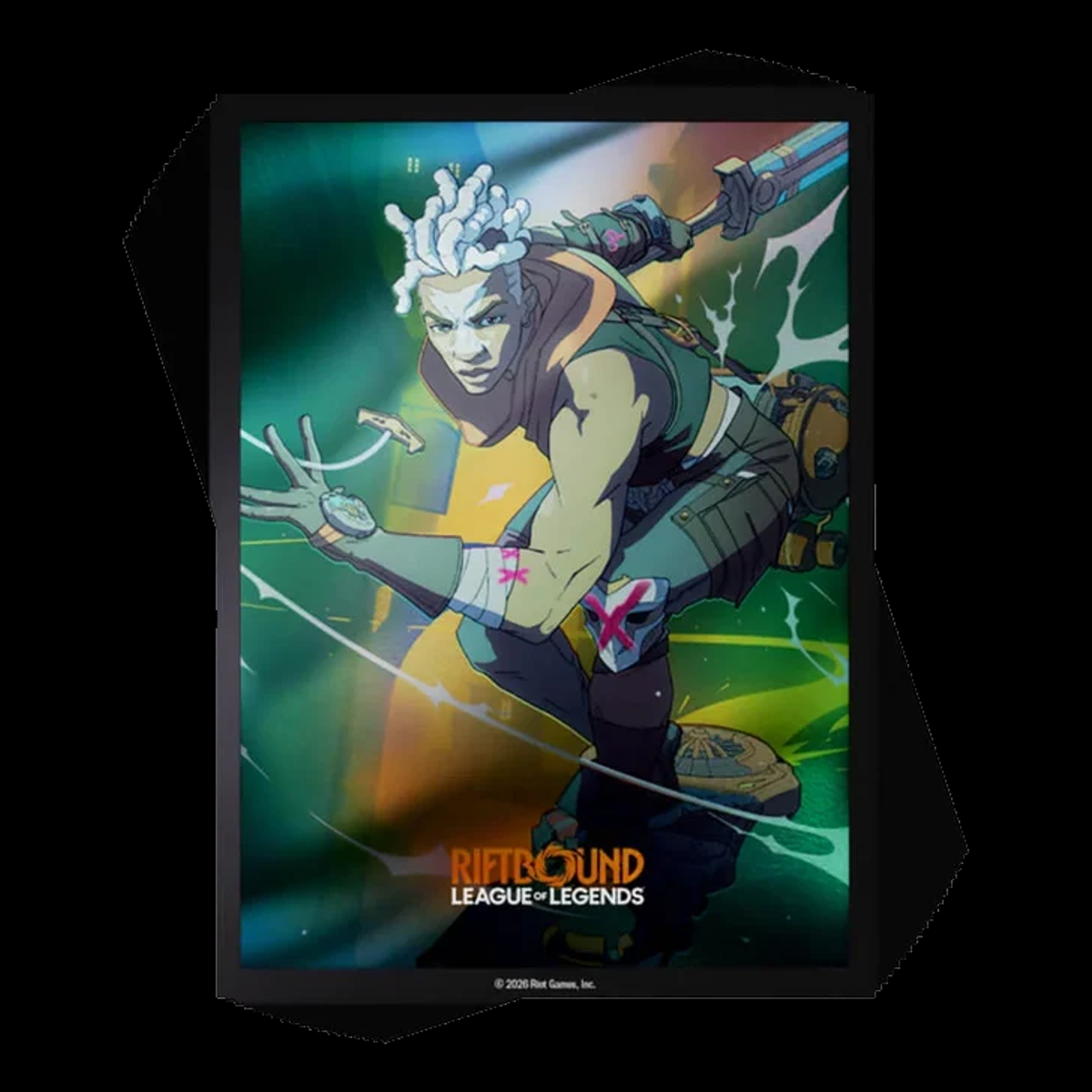 Fundas Riftbound Radiance de Ekko, con ilustración y varias fundas superpuestas, sobre fondo negro