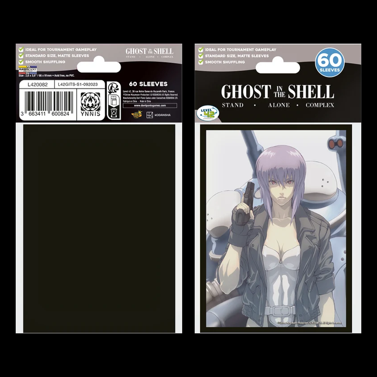 Fundas Ghost in the Shell Major de 66 × 91 mm, vistas frontal y posterior del embalaje, sobre fondo negro