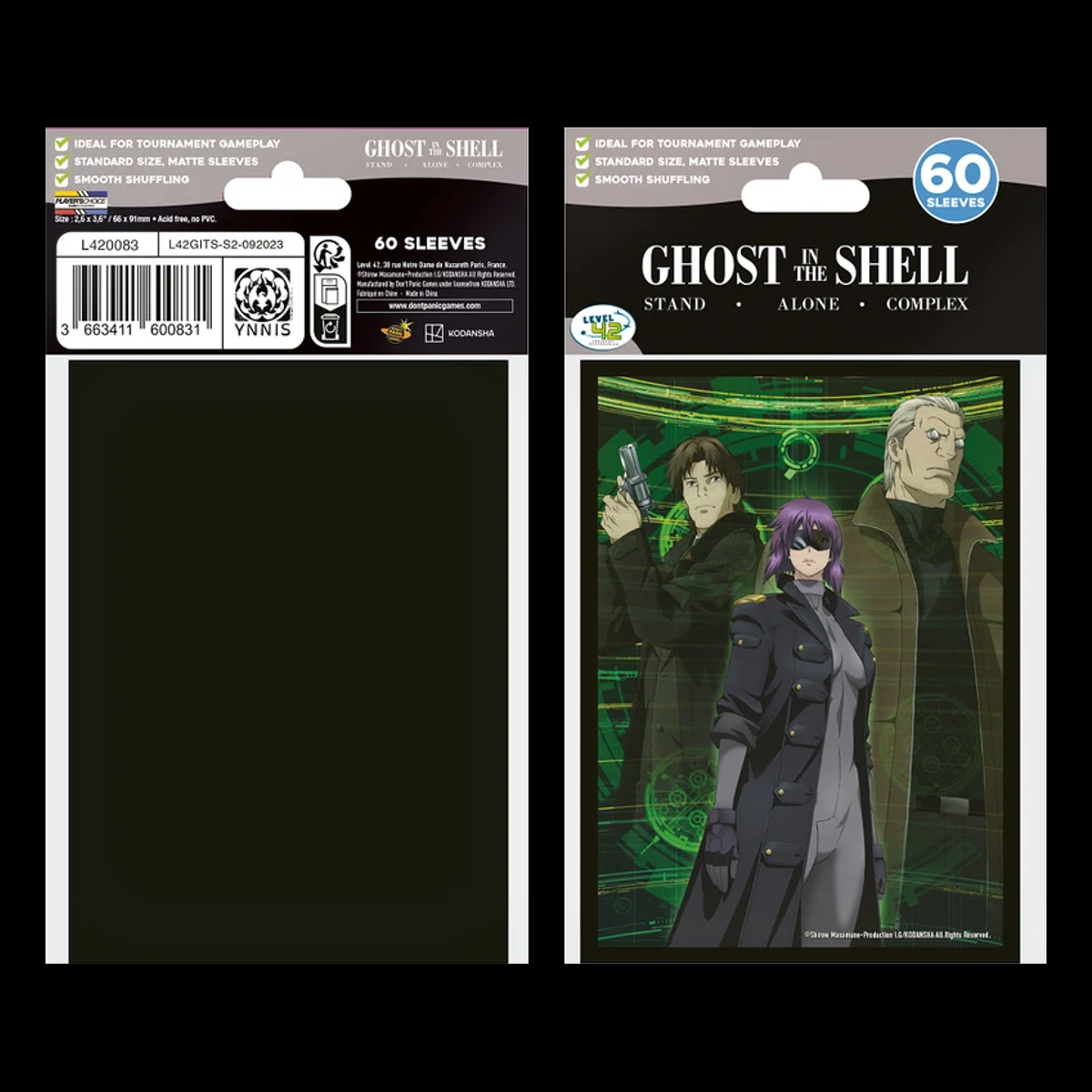 Fundas Ghost in the Shell Section 9 de 66 × 91 mm, vistas frontal y posterior del embalaje, sobre fondo negro