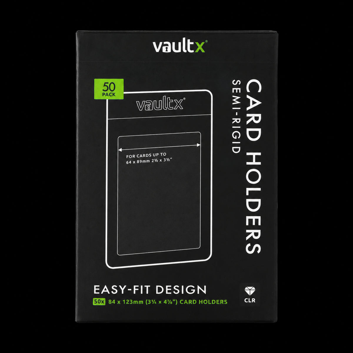 Caja negra de 50 fundas semirrígidas Vault X para cartas, vista frontal.