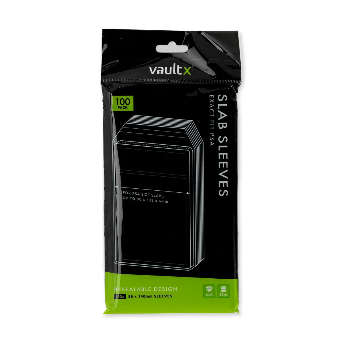 Paquete negro y verde de 100 fundas Vault X Exact Fit PSA Slab Sleeves, vista frontal.