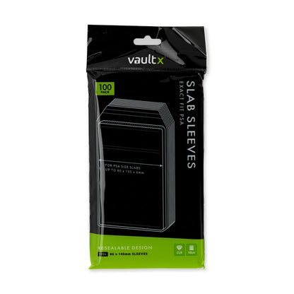 Paquete negro y verde de 100 fundas Vault X Exact Fit PSA Slab Sleeves, vista frontal.