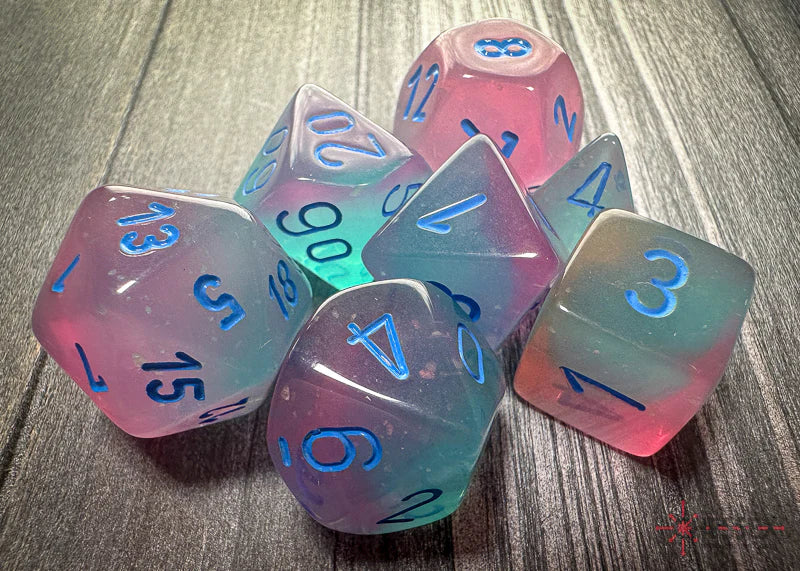 CHESSEX - ROL SET: Gemini Polyhedral Gel Green-Pink/blue Luminary 7-Die